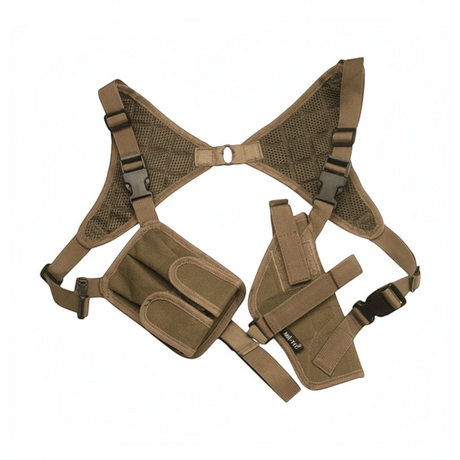 id-paintball Schulterholster in Coyote Tan aus Nylon mit Magazintasche, atmungsaktivem Netzgewebe und Riemen.
