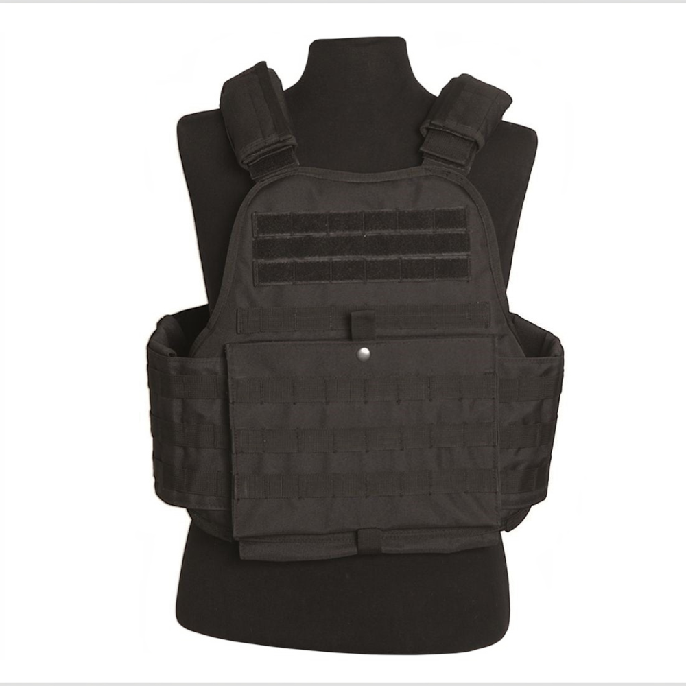 id-paintball Plate Carrier Weste in Schwarz mit Molle-System und Klettflächen auf einer Schneiderpuppe