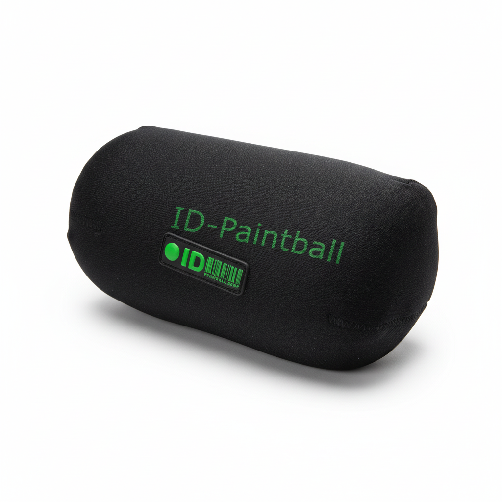 Schwarzes id-paintball Bottle-Cover für HP-Flaschen mit grünem Logo und robustem Reißverschluss