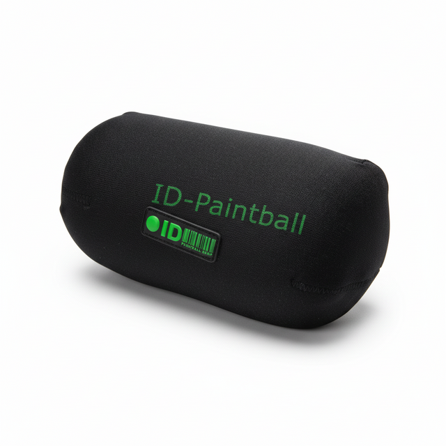 Schwarzes id-paintball Bottle-Cover für HP-Flaschen mit grünem Logo und robustem Reißverschluss
