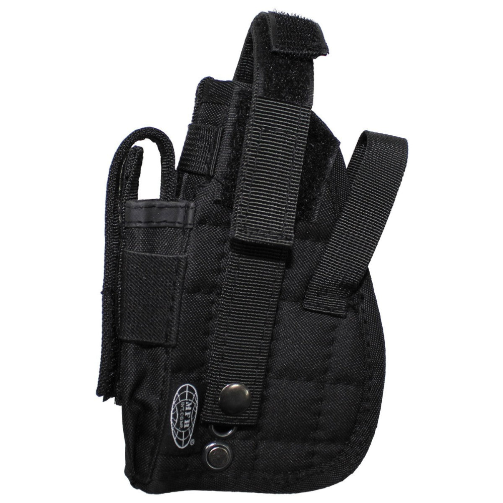 id-paintball Pistolenholster aus schwarzem Polyester mit Molle-System, Magazintasche und verstellbarem Sicherungsriemen