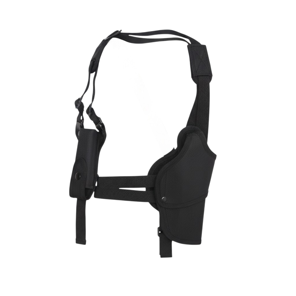 id-paintball Pistolenschulterholster aus schwarzem Polyester mit integrierter Magazintasche und verstellbaren Gurten