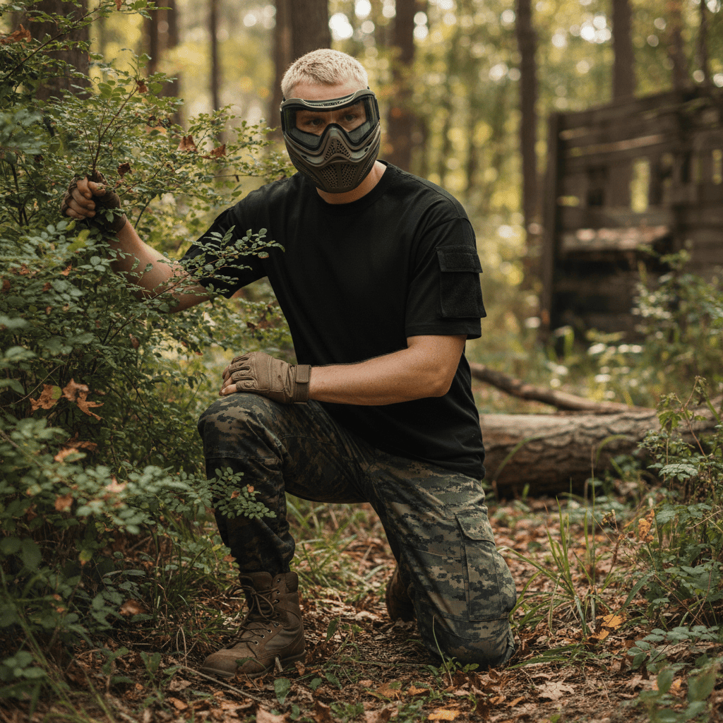 id-paintball US T-Shirt in Schwarz mit Ärmeltaschen aus Baumwolle, getragen von einem Paintballspieler im Wald