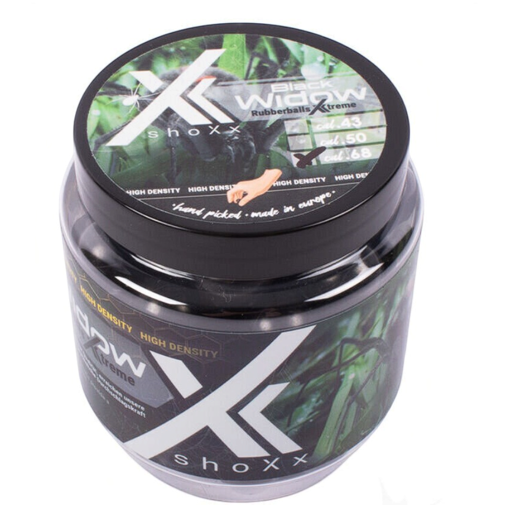 id-paintball shoXx Black Widow Rubberballs Xtreme Kaliber .68 in einer praktischen Schraubdose zur Aufbewahrung