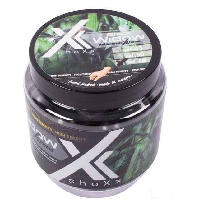 id-paintball shoXx Black Widow Rubberballs Xtreme Kaliber .68 in einer praktischen Schraubdose zur Aufbewahrung