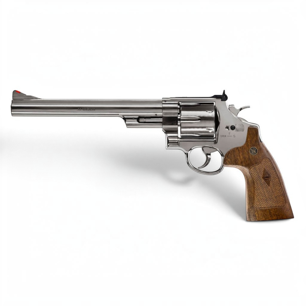 id-paintball Smith & Wesson M29 CO2-Revolver mit 8 3/8 Zoll Lauf, Vollmetall-Finish und Griffschalen in Holzoptik.