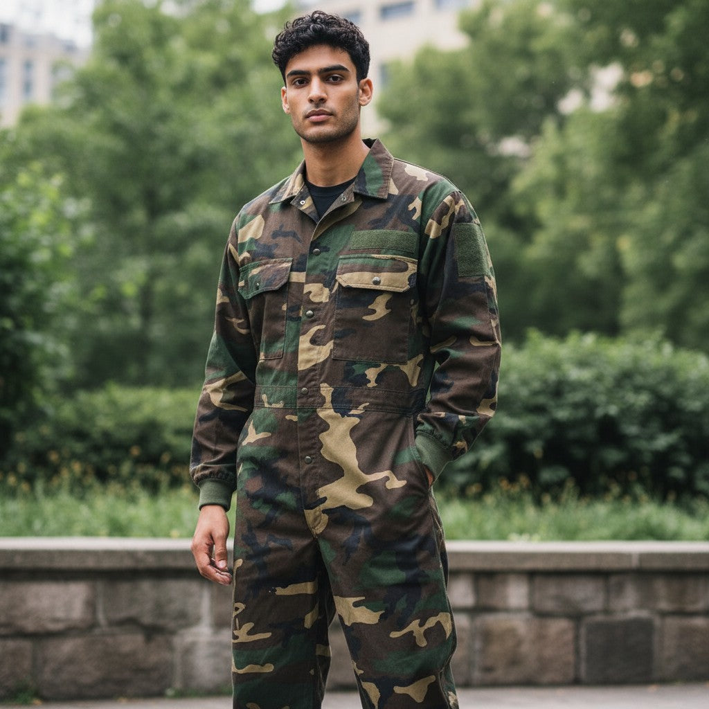 id-paintball Spielfeld Overall in Woodland Camo aus Baumwoll-Mix mit Taschen und Kragen im Freien getragen