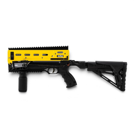id-paintball Steambow B08 Kugelarmbrust in Gelb und Schwarz mit Tactical-Lower, Vordergriff und Picatinny-Schiene