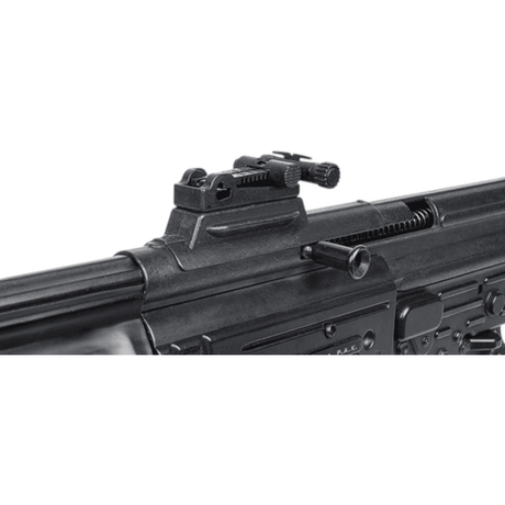 id-paintball GSG StG44 Gas Signalwaffe Detailansicht der Visierung und des Metallgehäuses