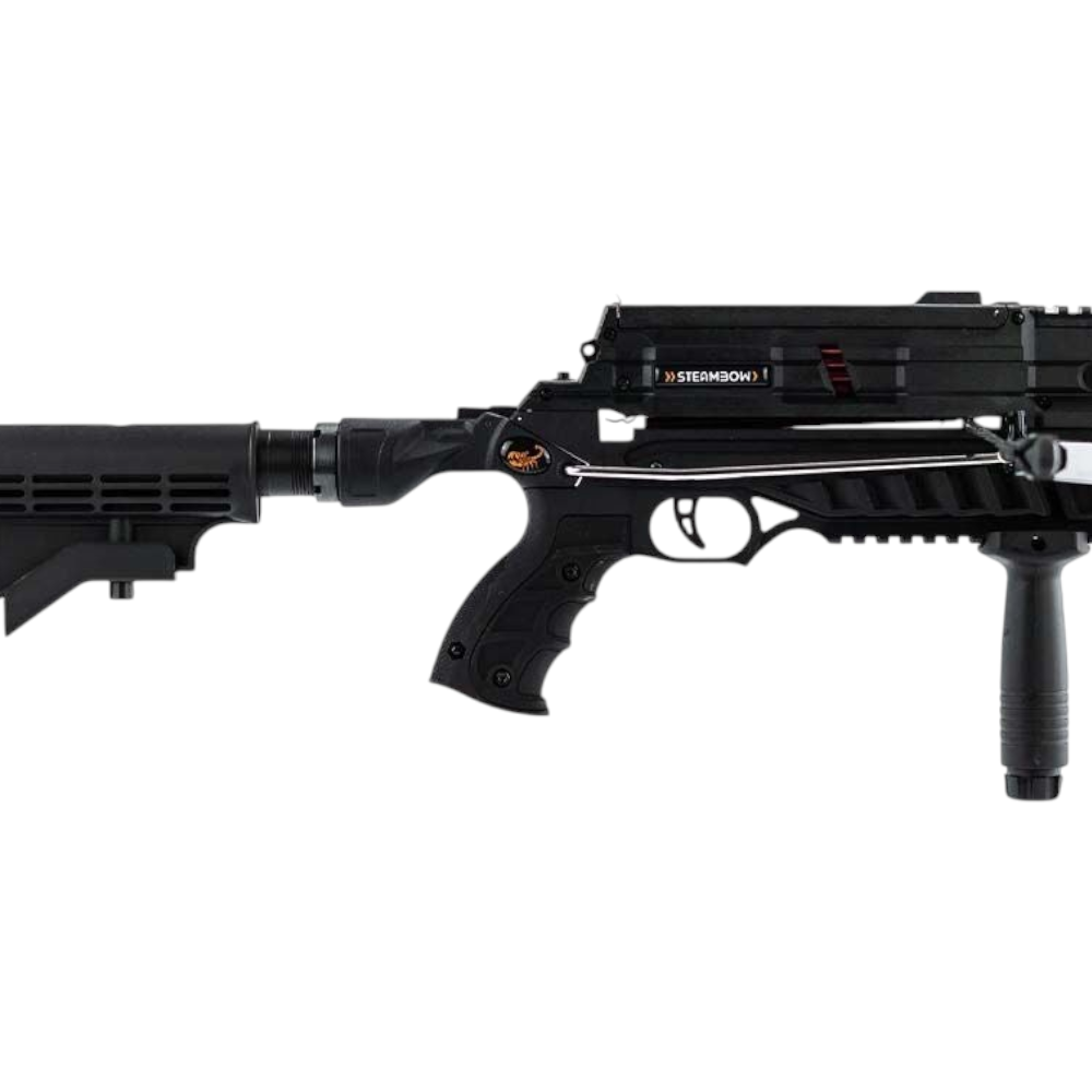 id-paintball Steambow AR-6 Stinger II Tactical Armbrust in Schwarz mit verstellbarem Schaft und Picatinny-Schiene