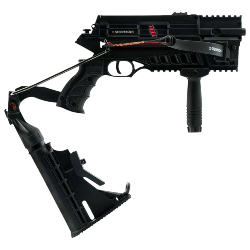 id-paintball Steambow AR-6 Stinger II Tactical Armbrust in Schwarz mit verstellbarer Schulterstütze und Vordergriff