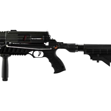id-paintball Steambow AR-6 Stinger II Tactical Armbrust in Schwarz mit verstellbarer Schulterstütze und Frontgriff