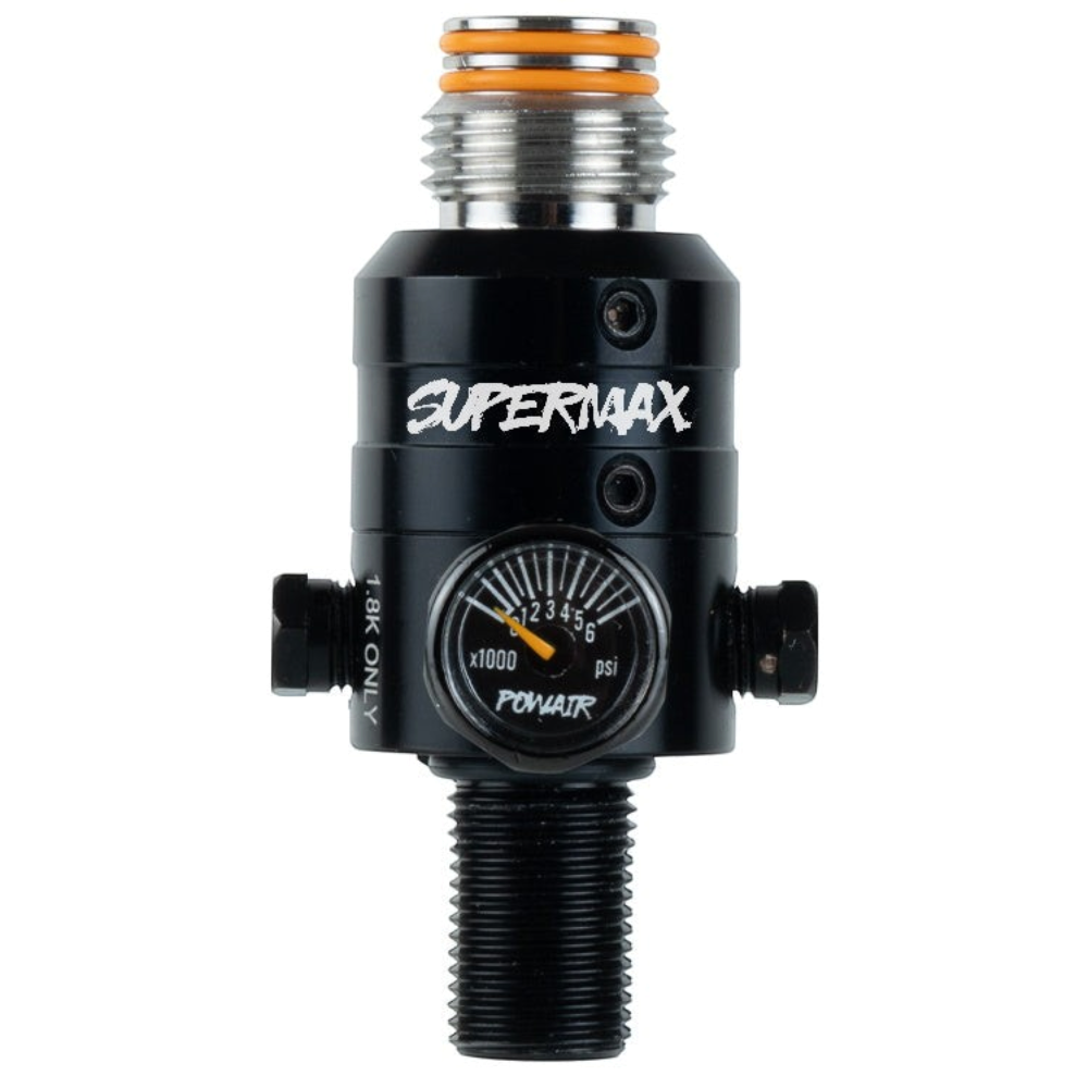 id-paintball Powair SUPERMAX Titan Pro Paintball Regulator in Schwarz mit Manometer und orangefarbenem O-Ring
