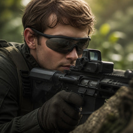 id-paintball Swiss Eye Raptor L Schutzbrille in Schwarz bei einem taktischen Einsatz mit Gewehr