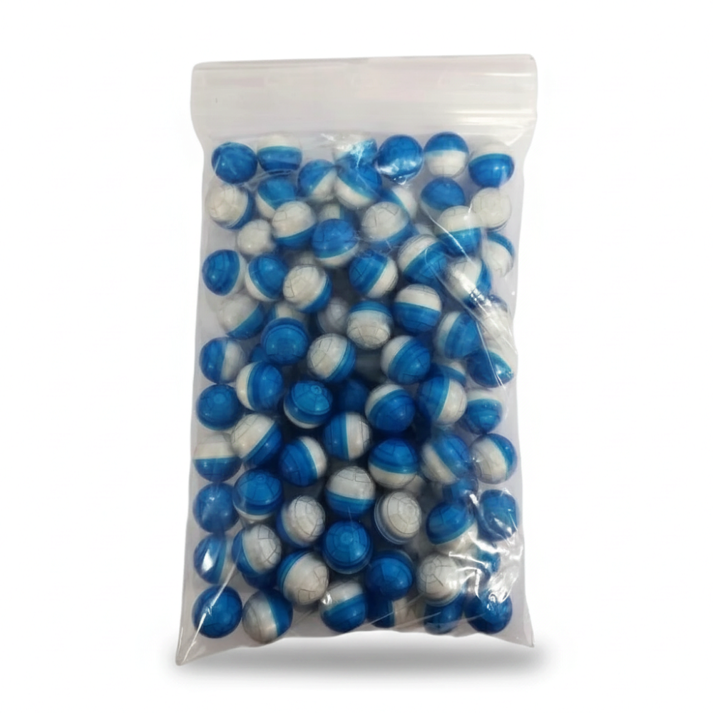 id-paintball T4E CKB 50 Kreidekugeln im Kaliber .50 in einer transparenten Packung mit 100 blau-weißen Kunststoffkugeln