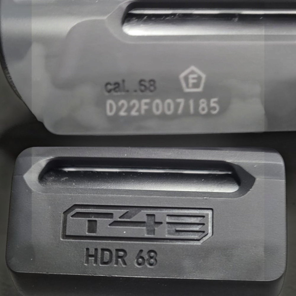 id-paintball T4E HDR 68 Gen2 Home Defense Revolver Detailansicht mit Kaliber .68 Markierung und Seriennummer