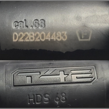 id-paintball T4E HDS 68 Markierung mit Kaliber .68 Gravur und F-Zeichen auf dem schwarzen Gehäuse