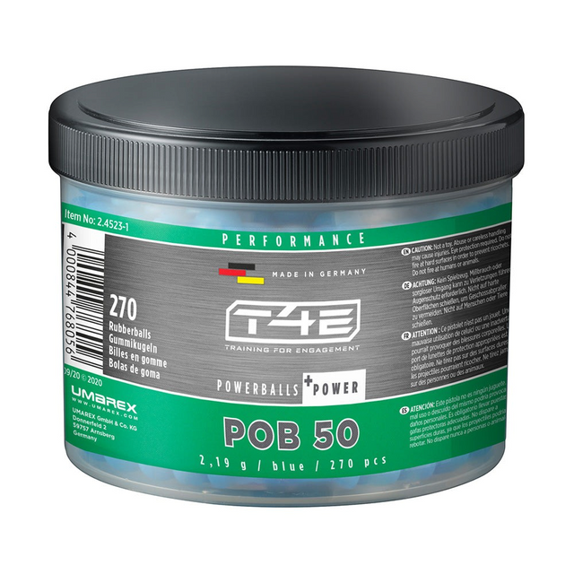 id-paintball T4E Powerballs Rubberballs Kaliber .50 in Blau, 100 Stück Trainingsmunition in Kunststoffdose