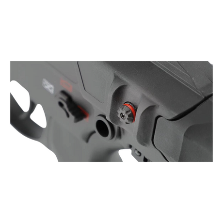 id-paintball T4E TC .68 Paintball Markierer Detailansicht mit rotem Druckindikator am schwarzen Gehäuse
