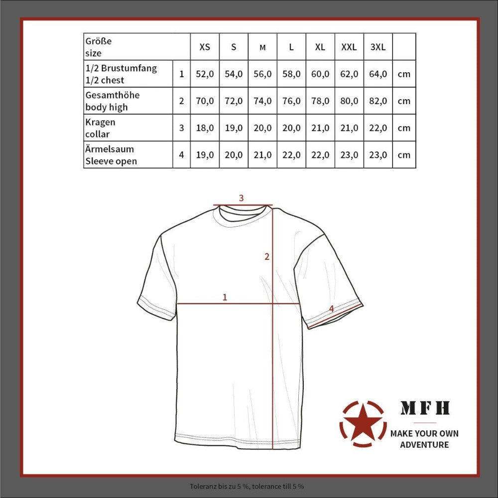 id-paintball Tactical T-Shirt Größentabelle mit Maßen für Brustumfang, Gesamthöhe, Kragen und Ärmelsaum