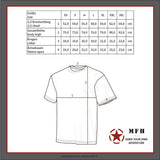 id-paintball Tactical T-Shirt Größentabelle mit Maßen für Brustumfang, Gesamthöhe, Kragen und Ärmelsaum