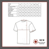 id-paintball Tactical T-Shirt Coyote Tan Größentabelle mit Maßangaben für Brustumfang, Körperhöhe, Kragen und Ärmelsaum.