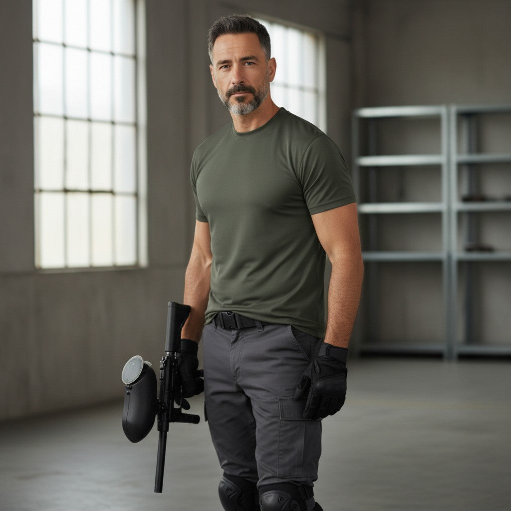 id-paintball Tactical T-Shirt in Oliv aus atmungsaktivem Polyester, getragen von einem Mann mit Paintball-Markierer