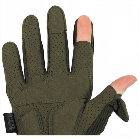 id-paintball Tactical Vollfingerhandschuhe in Olivgrün mit umklappbarem Daumen und Zeigefinger sowie perforierter Innenhand