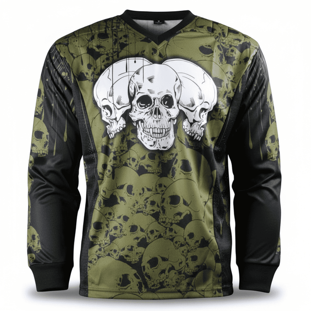 id-paintball The Skulls Paintball Trikot in Oliv mit Totenkopf-Print, Schulterpolstern und atmungsaktivem Material