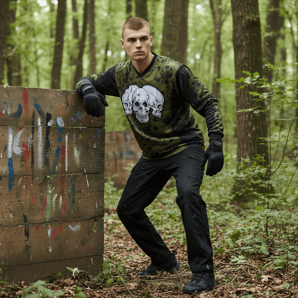 id-paintball The Skulls Paintball Trikot in Oliv mit Schulterpolsterung, getragen von einem Spieler im Wald