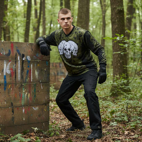 id-paintball The Skulls Paintball Trikot in Oliv mit Schulterpolsterung, getragen von einem Spieler im Wald