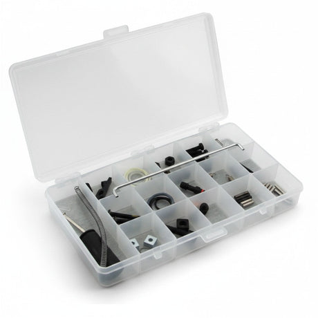 id-paintball Tippmann 98 Ersatzteilset in einer transparenten Kunststoff-Sortierbox mit O-Ringen, Schrauben und Federn