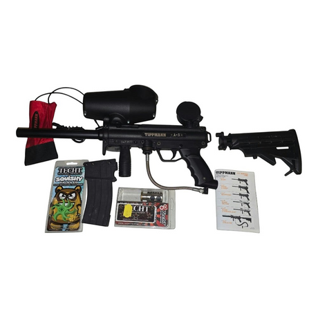 id-paintball Tippmann A5 Paintball Markierer Set in Schwarz mit Cyclone Feed, M16 Schulterstütze und TechT Zubehör