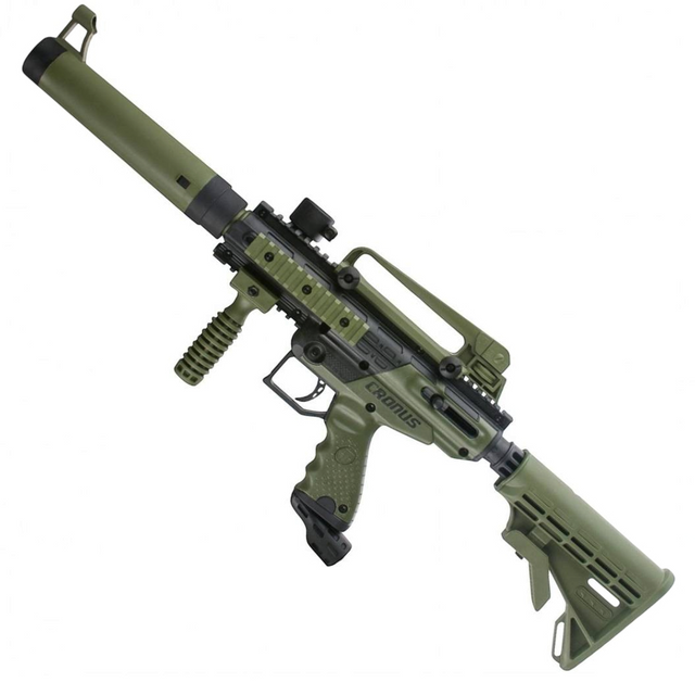 id-paintball Tippmann Cronus Tactical Paintball Markierer in Oliv mit Schalldämpferattrappe und Picatinny-Schienen