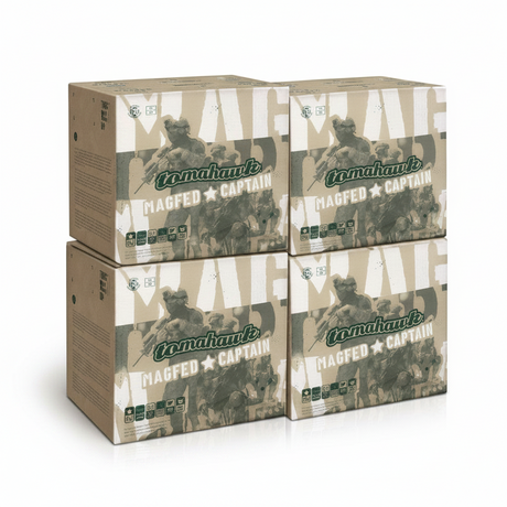 Vier Kisten Tomahawk Captain MagFed Paintballs Kaliber .68 von id-paintball für taktische Magazin-Markierer