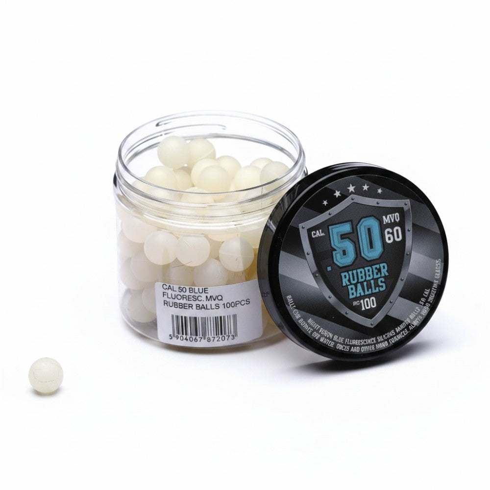 id-paintball 100 Tracer Rubberballs im Kaliber .50 in einer Schraubdose, die blau fluoreszieren.