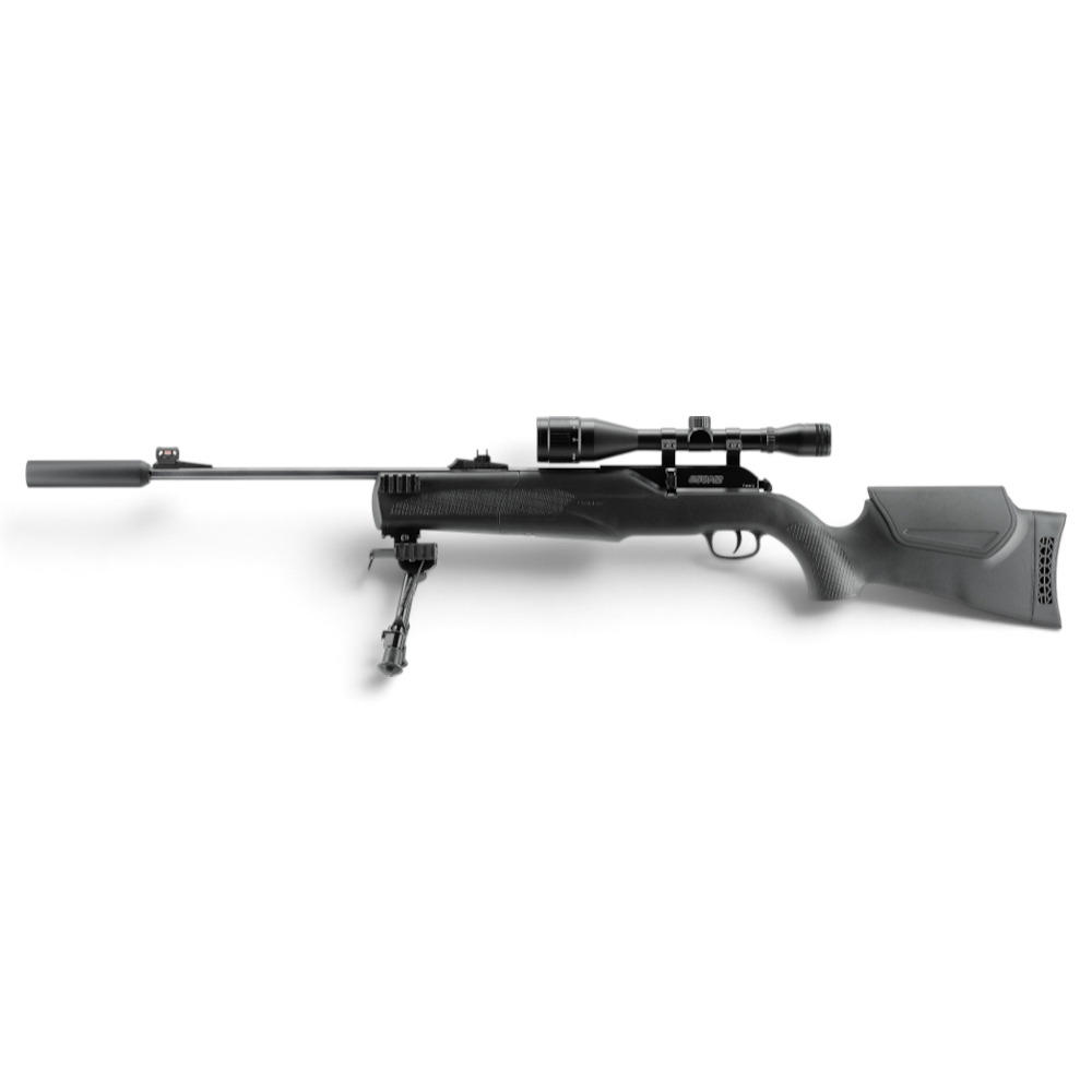 id-paintball Umarex 850 M2 XT CO2-Luftgewehr mit Zielfernrohr, Schalldämpfer und Zweibein am schwarzen Polymerschaft