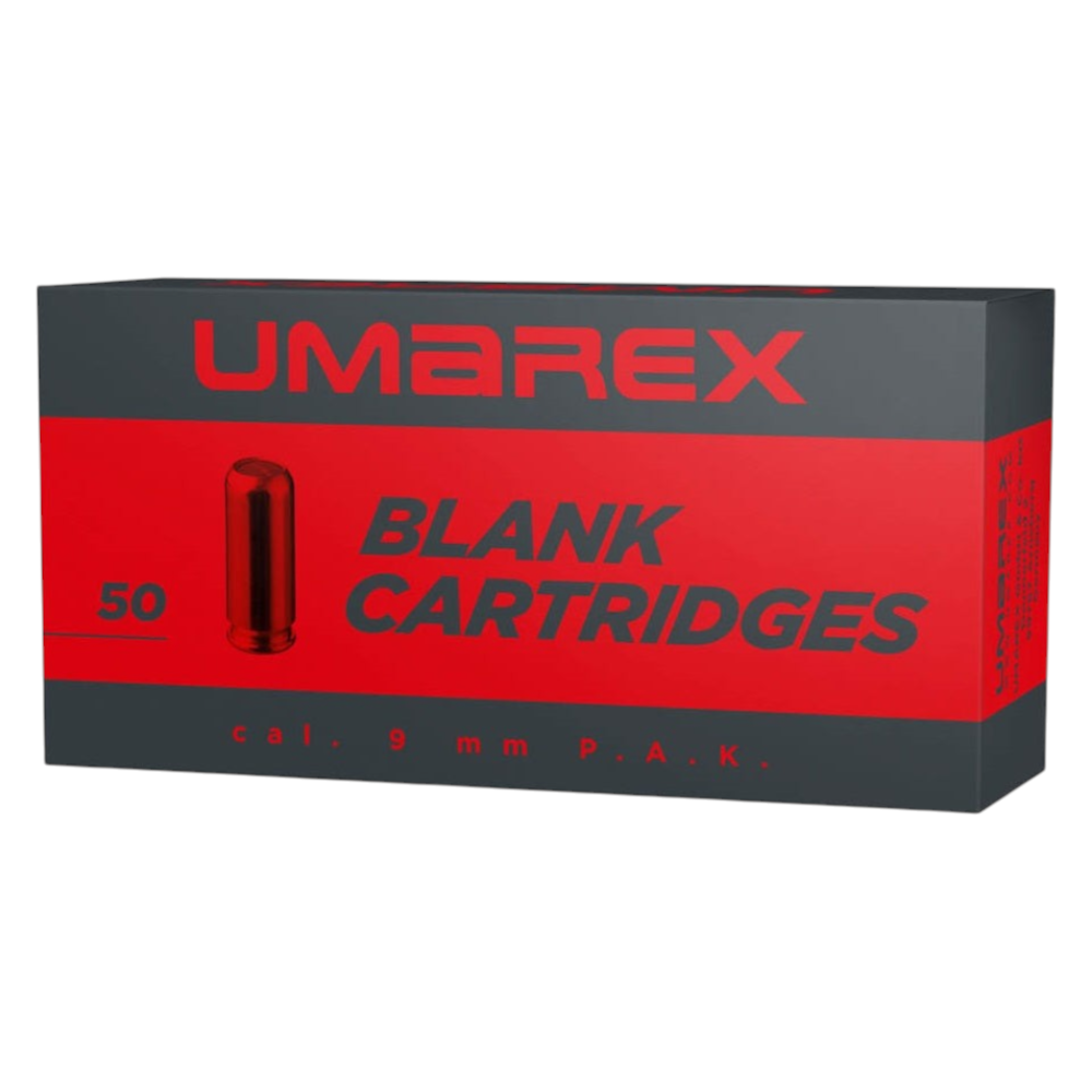 id-paintball Umarex 9mm P.A.K. Platzpatronen in einer 50er Packung mit rotem und schwarzem Design