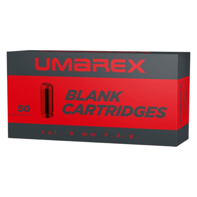id-paintball Umarex 9mm P.A.K. Platzpatronen in einer 50er Packung mit rotem und schwarzem Design