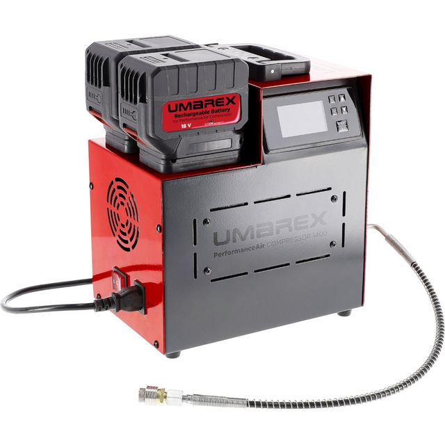 id-paintball Umarex PerformanceAir 1400 PCP-Kompressor in Rot und Schwarz mit zwei Akkus und digitalem Display