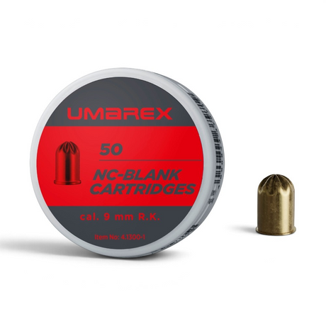id-paintball Umarex Platzpatronen 9mm R.K. in einer 50er Packung mit einer einzelnen Messing-Patronenhülse daneben.