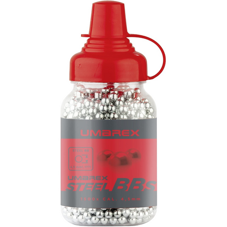 id-paintball Umarex Stahl BBs 4,5 mm Rundkugeln in einer transparenten Kunststoffflasche mit rotem Verschluss
