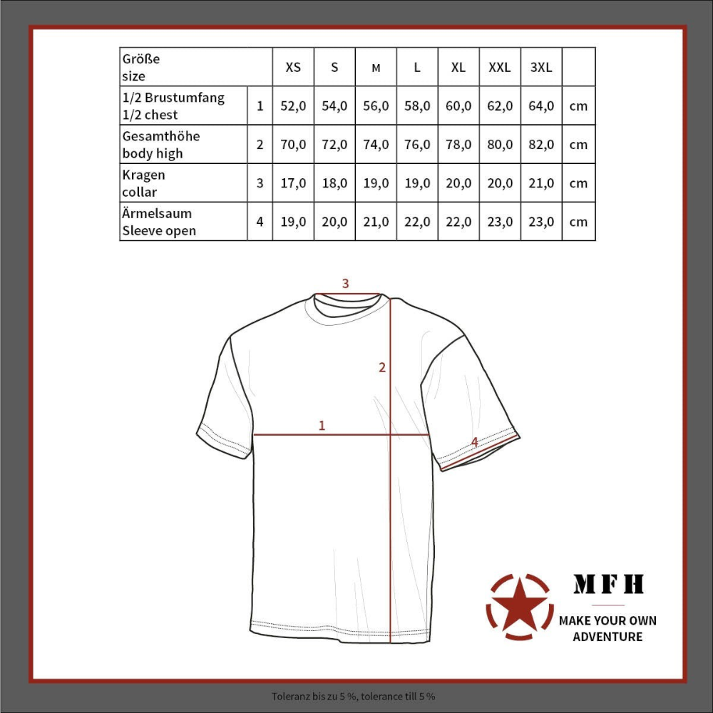 id-paintball US T-Shirt Größentabelle mit Skizze zur Veranschaulichung der Maße für Brustumfang, Höhe und Ärmelsaum