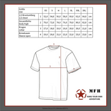 id-paintball US T-Shirt Größentabelle mit Skizze zur Veranschaulichung der Maße für Brustumfang, Höhe und Ärmelsaum