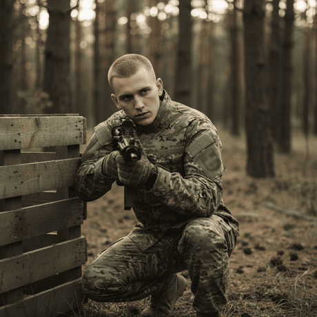 id-paintball US Uniform Feldjacke in Camo Ripstop Baumwolle bei einem taktischen Outdoor-Einsatz im Wald