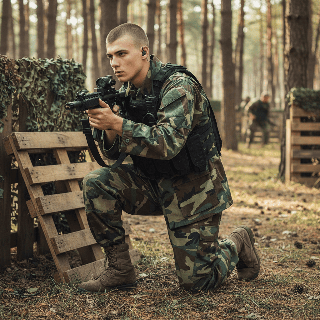 id-paintball US Uniform Feldjacke in Woodland Camo Ripstop-Baumwolle, getragen von einem Soldaten im Wald