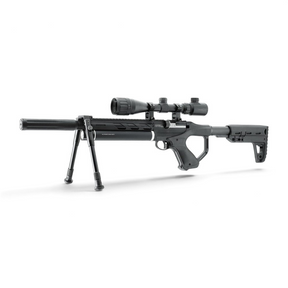 id-paintball UX Notos PCP Luftgewehr in Schwarz mit Zielfernrohr und Zweibein auf weißem Hintergrund