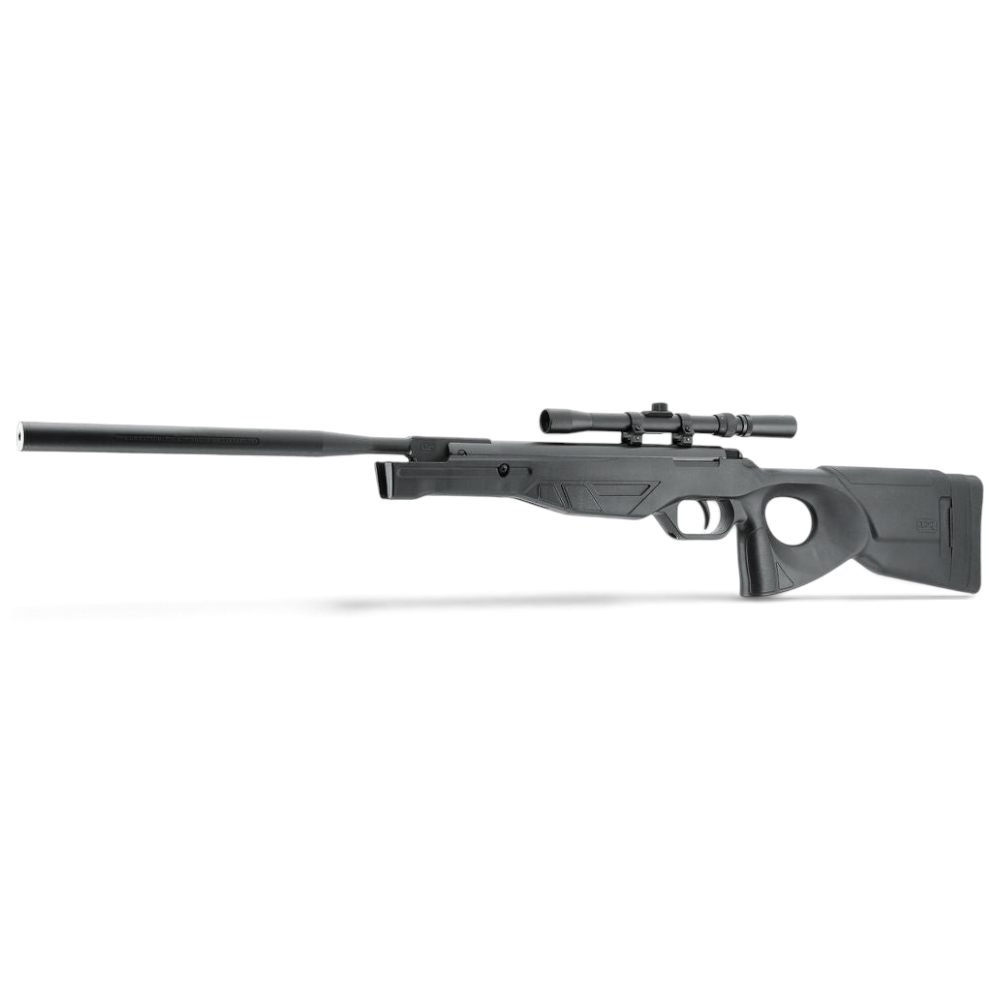 id-paintball UX Patrol Luftgewehr mit schwarzem Polymer-Lochschaft, Knicklauf und montiertem 3-7x20 Zielfernrohr.