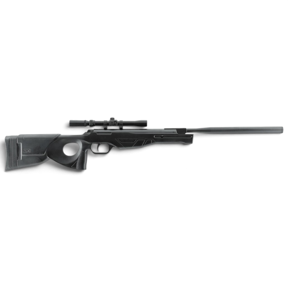 id-paintball UX Patrol Luftgewehr mit schwarzem Polymerschaft, Lochschaft-Design und montiertem 3-7x20 Zielfernrohr