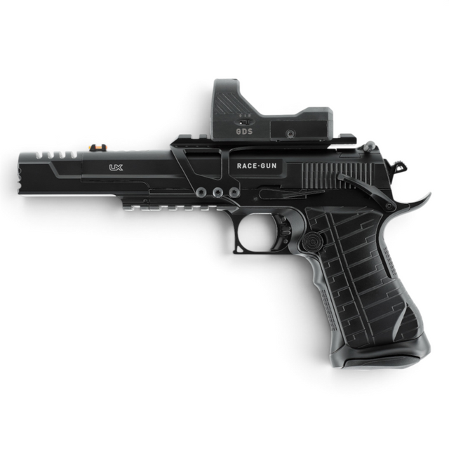 id-paintball UX RaceGun CO2-Pistole in Schwarz mit GDS Point Sight, Kompensator und Picatinny-Schiene